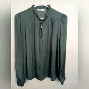 Ricki's Women's Sage Green Crinkle Satin Ruffle Neck Tie Long Sleeve Blouse NEW